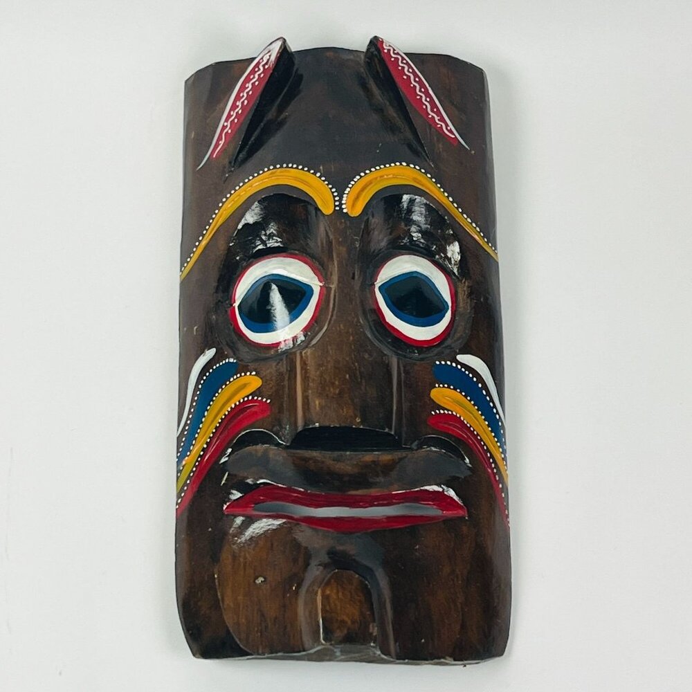 Hand Carved Vintage Wooden Hand Painted Tribal Art Deco Hanging Face 17" x 9"